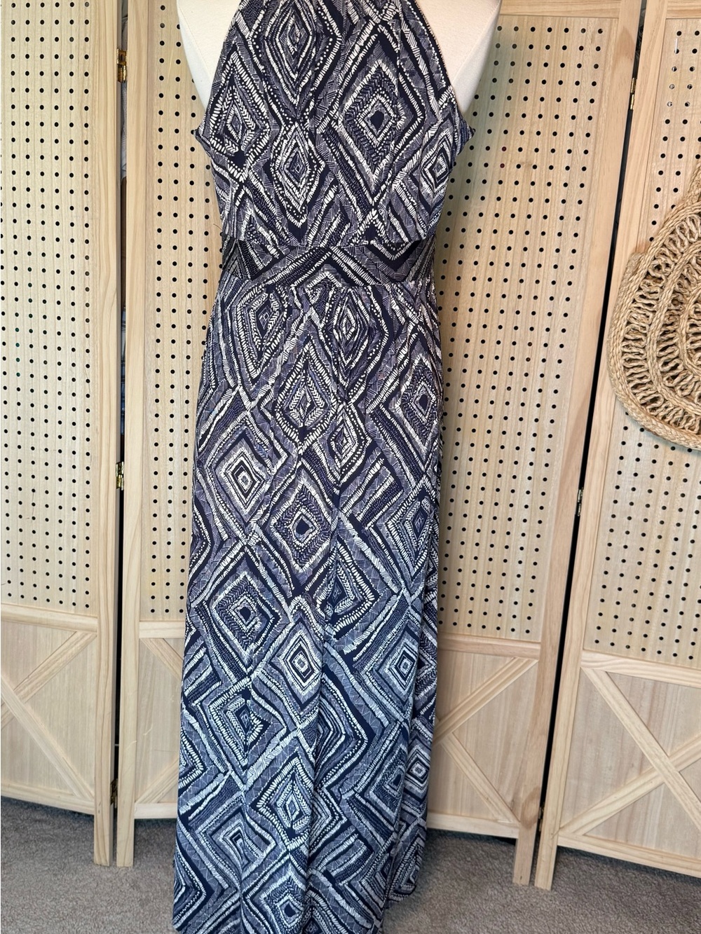 LOFT Navy Ivory Geometric Maxi Dress Coastal Boho Resort Vacation Chic LP - Picture 4 of 10